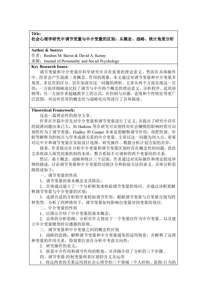 社会心理学研究中调节变量与中介变量的区别：从概念、战略、统计角度分析文献回顾