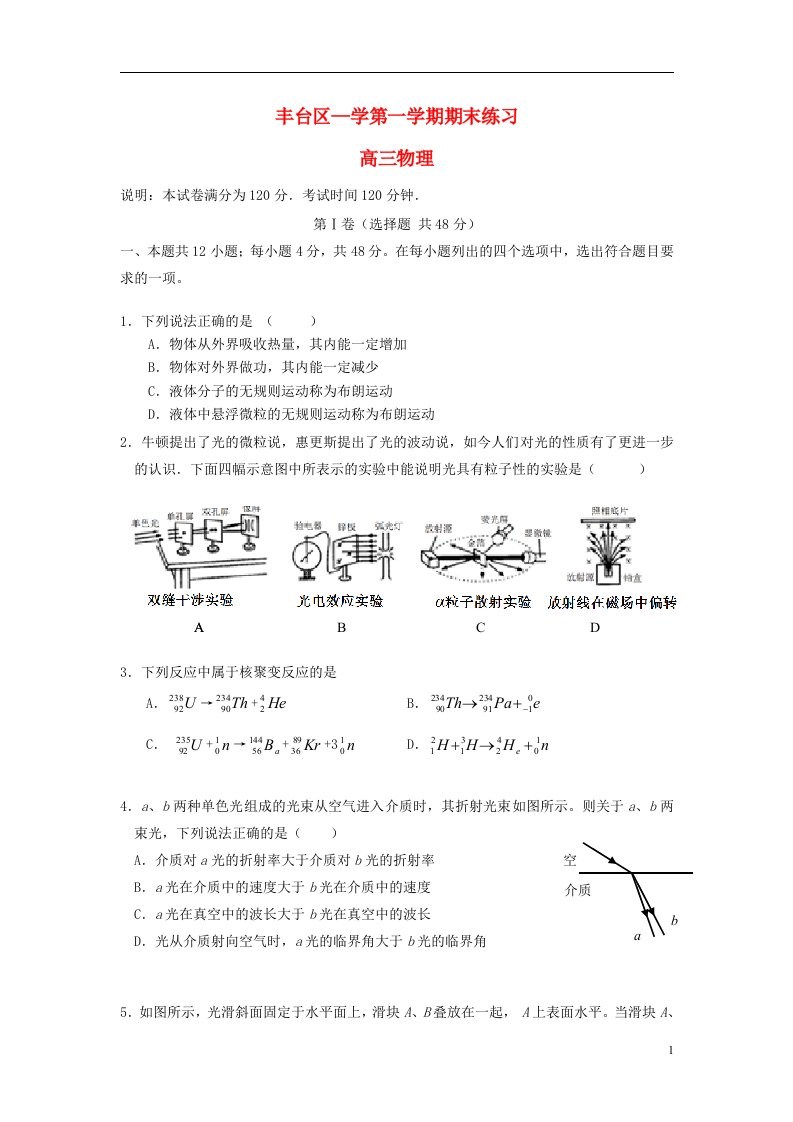 北京市丰台区高三物理上学期期末练习试题