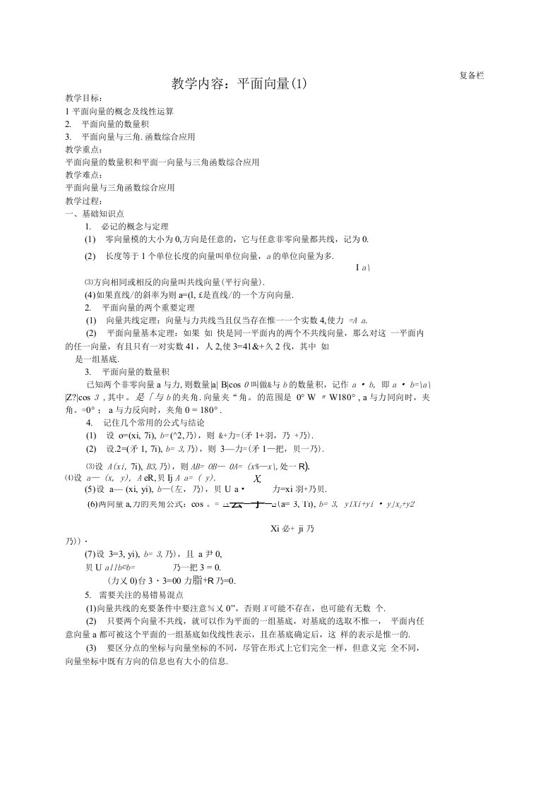 江苏省赣榆县智贤中学高考数学专题二第3讲平面向量(1)复习教学案