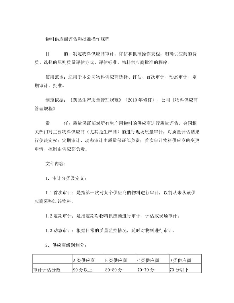 金丹物料供应商评估和批准操作规程