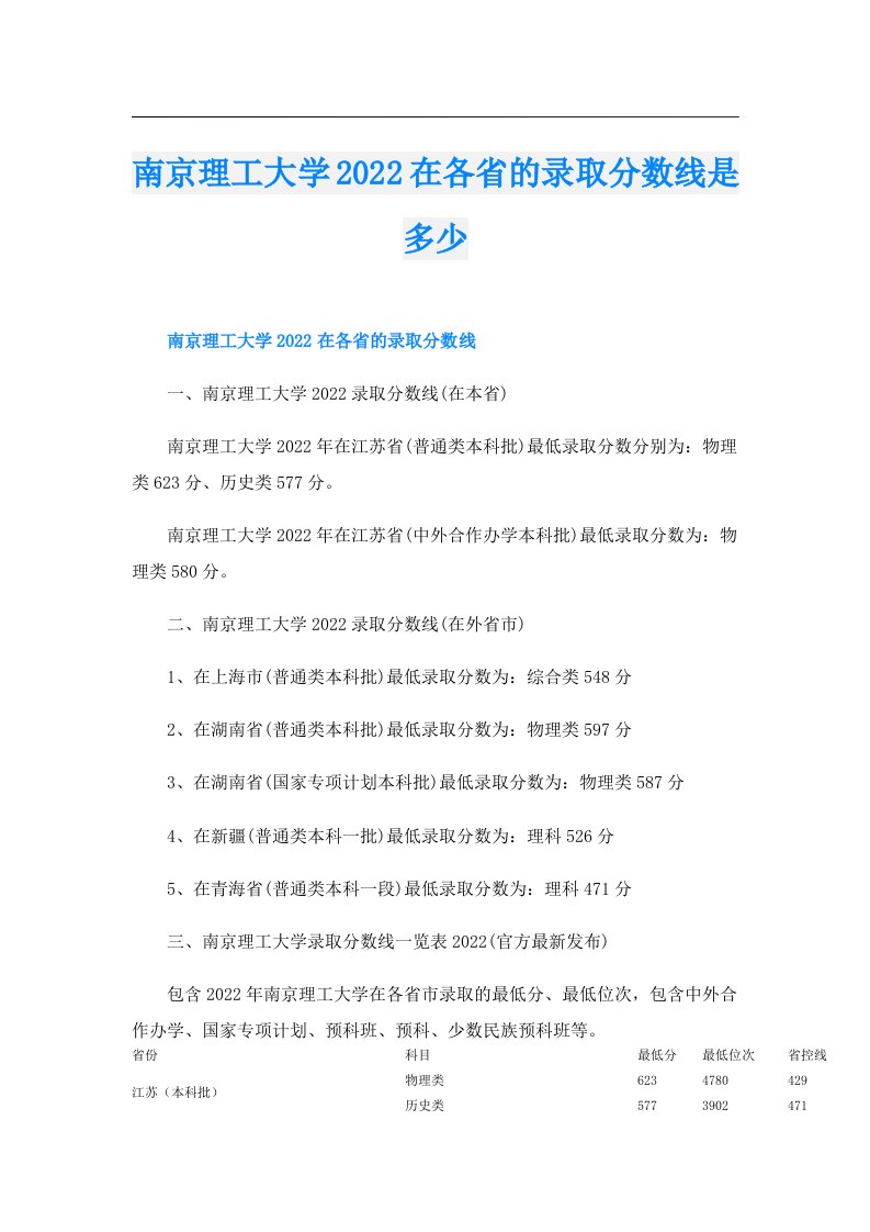 南京理工大学在各省的录取分数线是多少