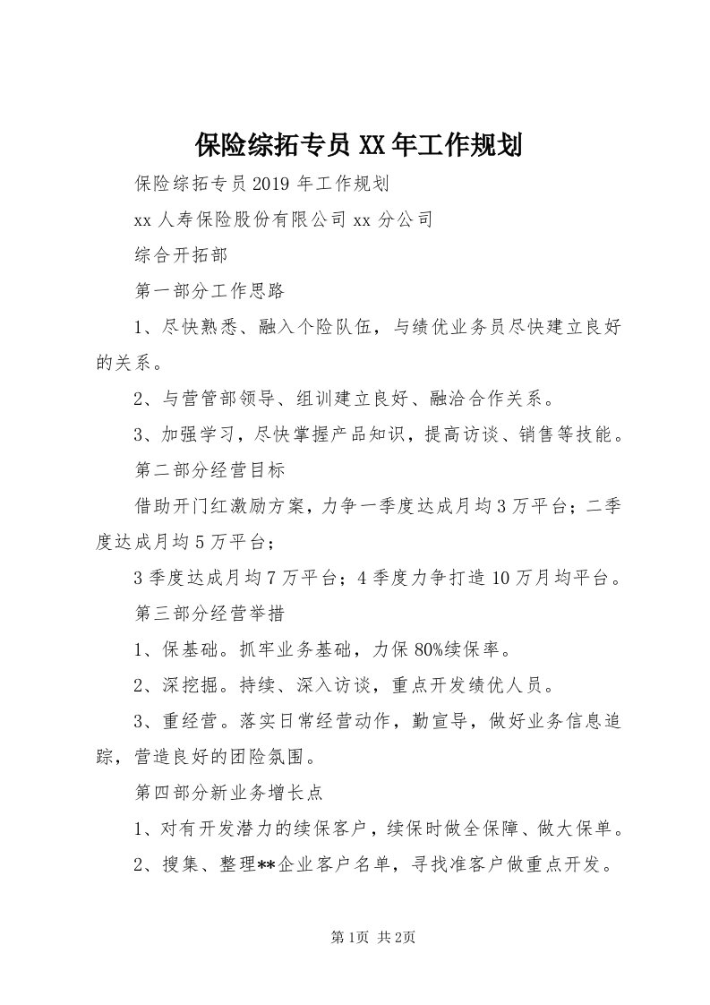 保险综拓专员某年工作规划