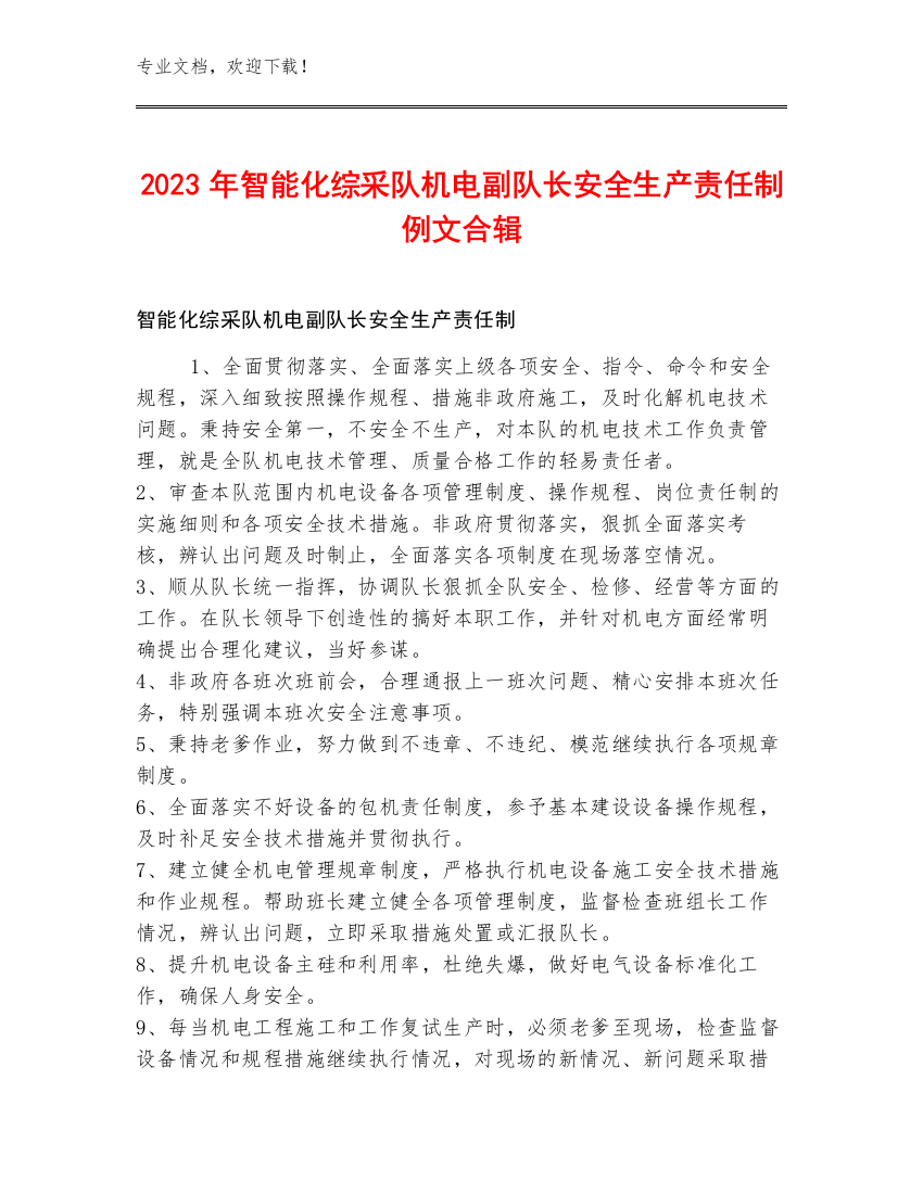 2023年智能化综采队机电副队长安全生产责任制例文合辑