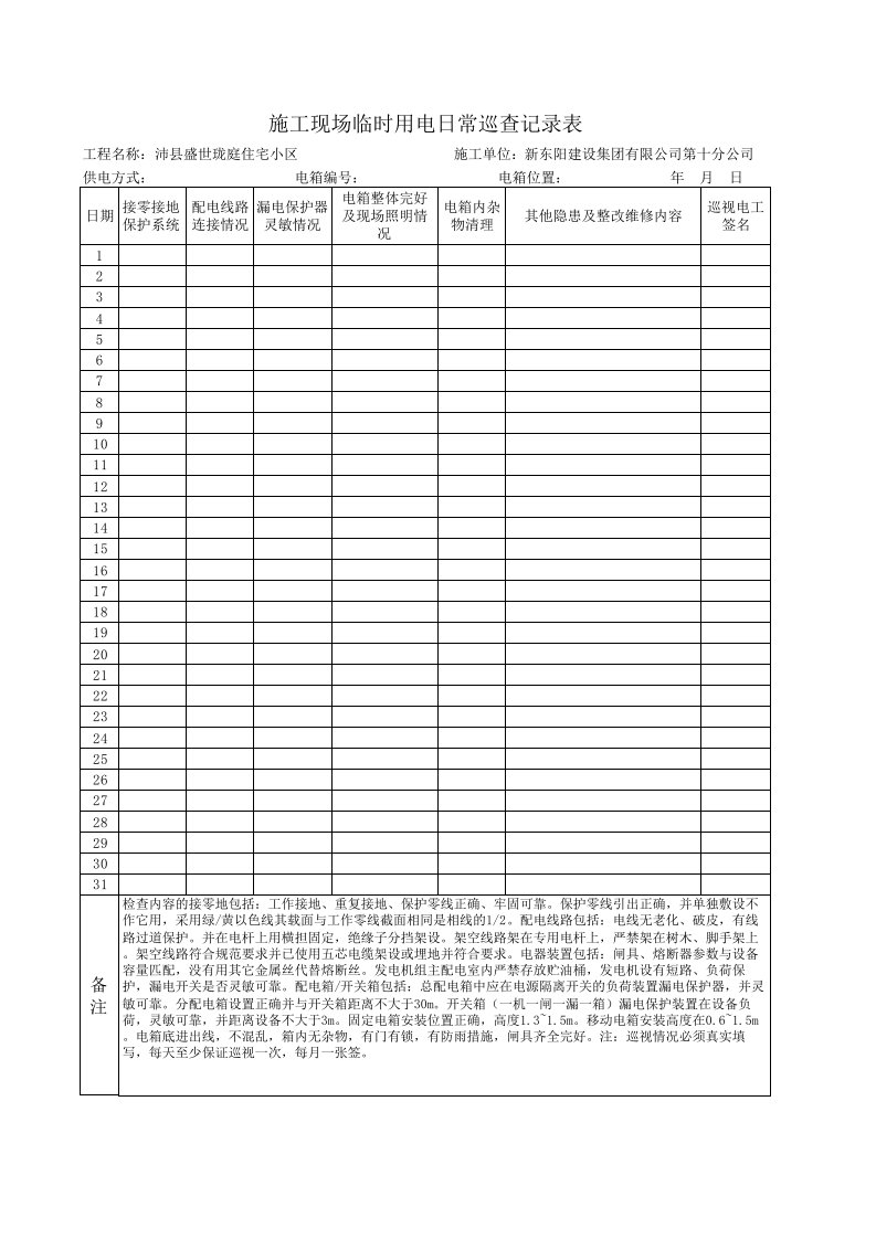 施工现场临时用电日常巡查记录表