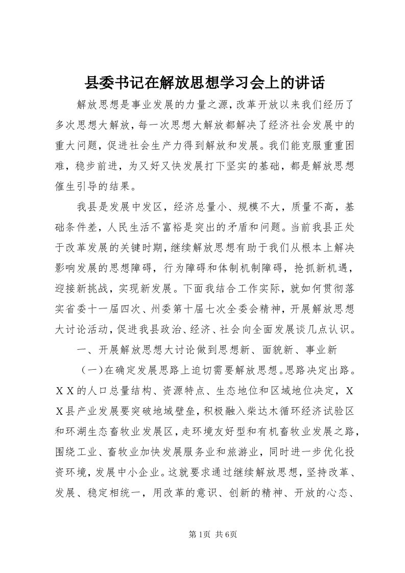 6县委书记在解放思想学习会上的致辞