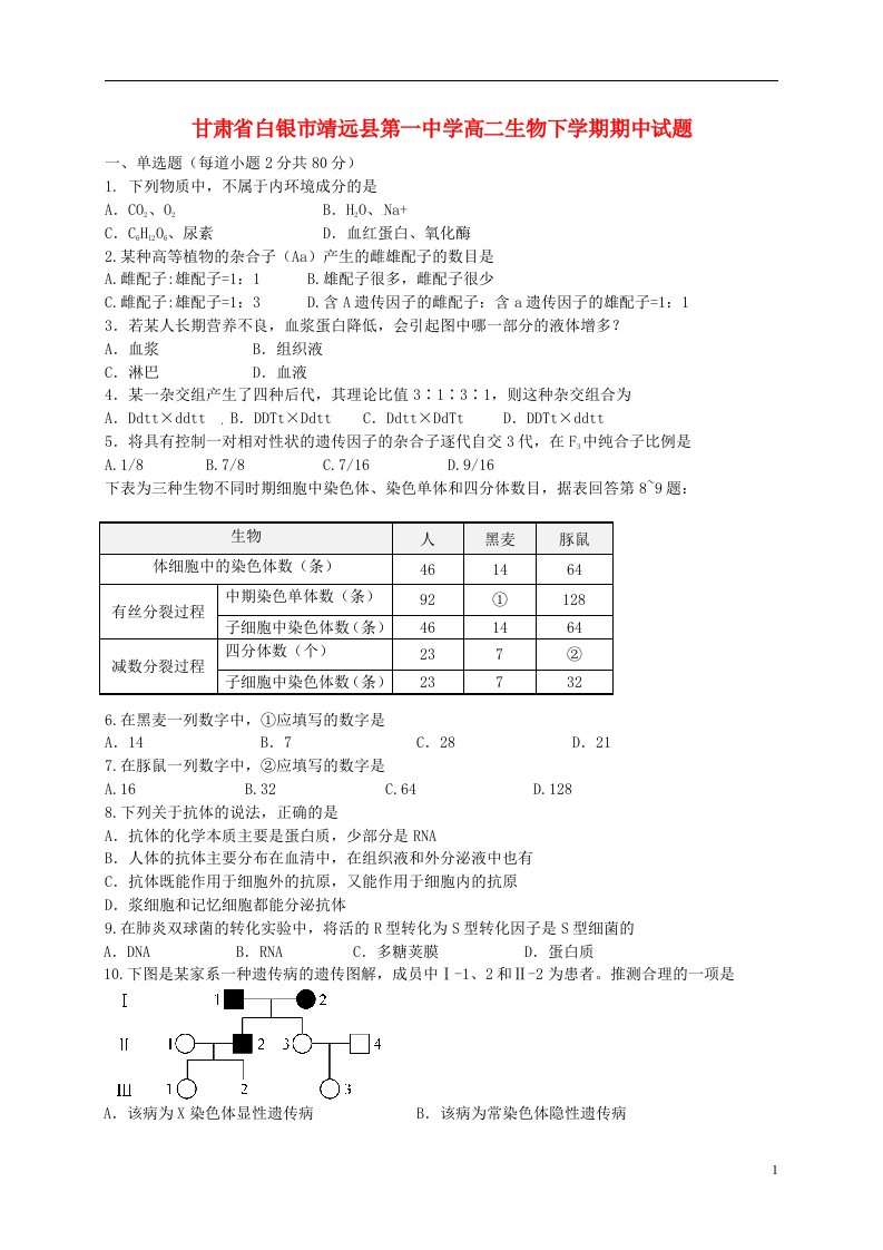 甘肃省白银市靖远县第一中学高二生物下学期期中试题