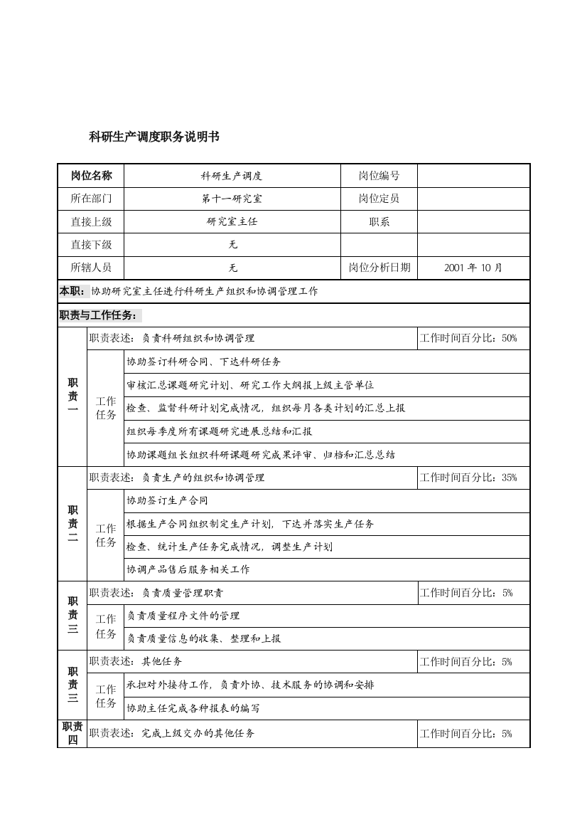 航材院第十一研究室科研生产调度职务说明书