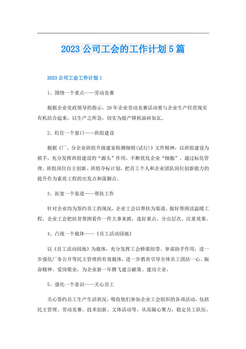 公司工会的工作计划5篇