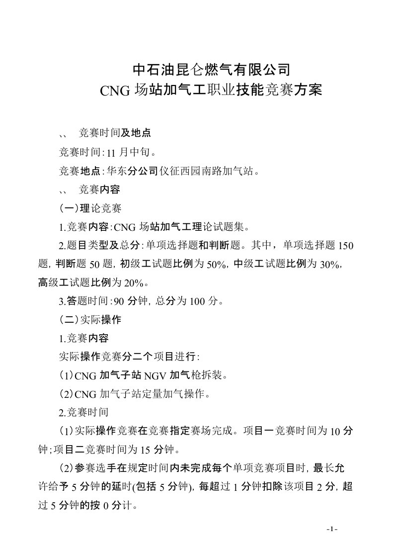 CNG场站加气工竞赛方案