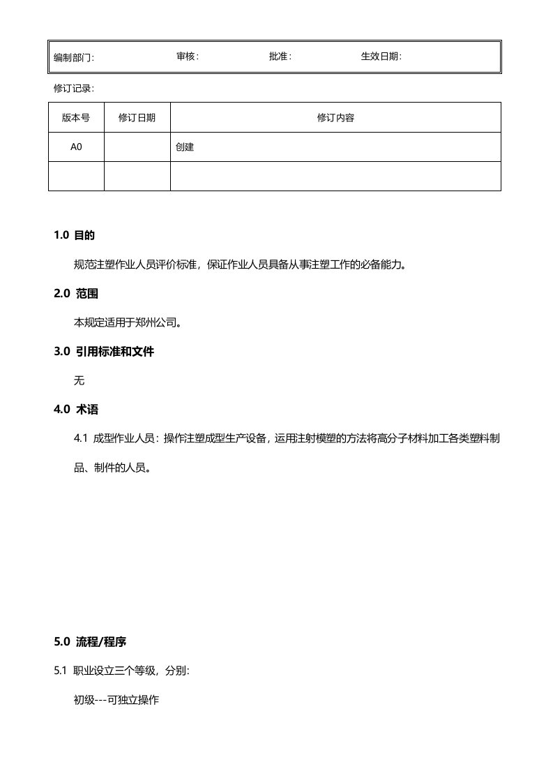 注塑成型操作人员技能评定标准A0