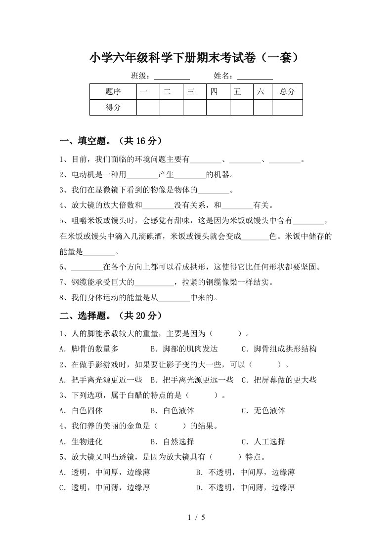 小学六年级科学下册期末考试卷一套