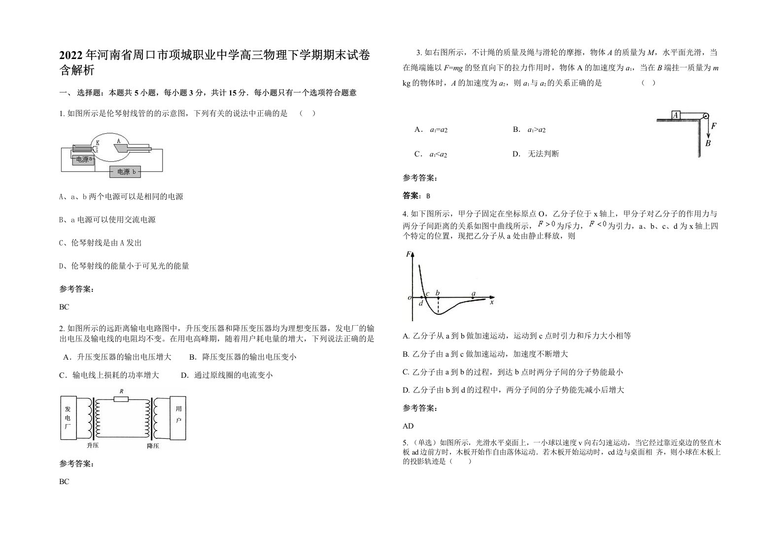 2022年河南省周口市项城职业中学高三物理下学期期末试卷含解析