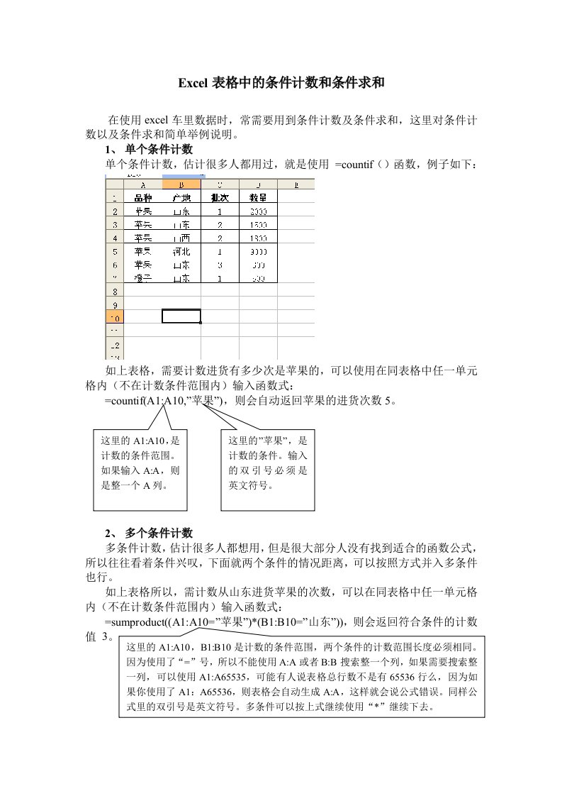 excel表格中的条件计数及条件求和