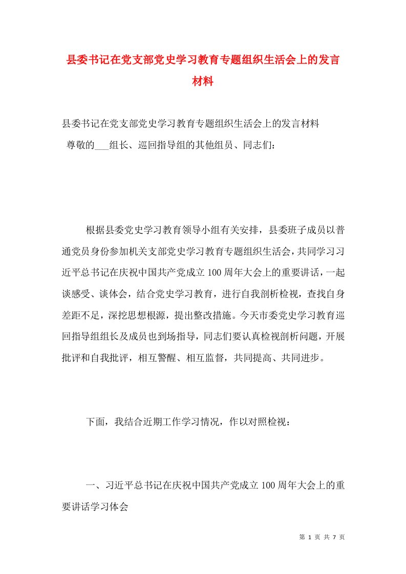 县委书记在党支部党史学习教育专题组织生活会上的发言材料