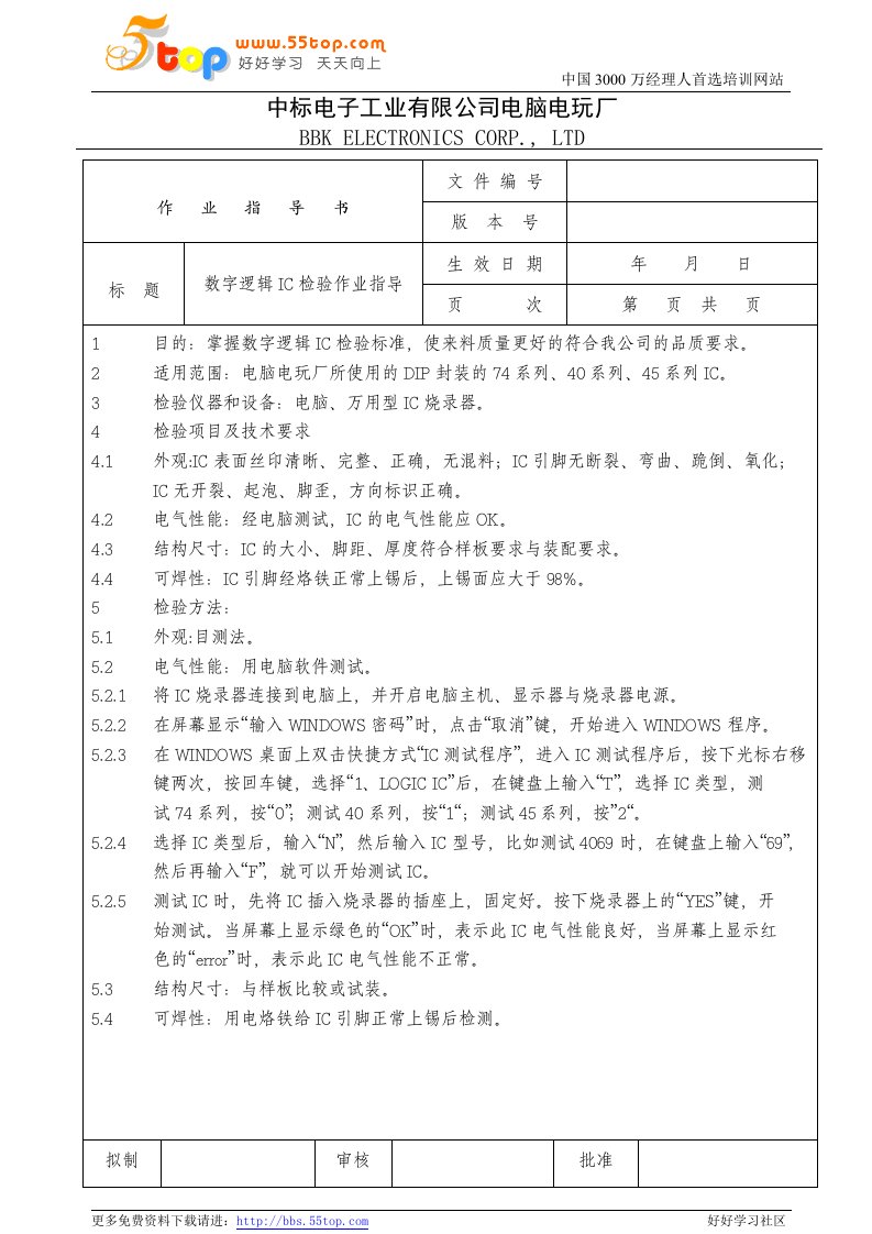 电脑电玩厂检验作业指导书-数字逻辑IC、铁片压条、铜鸡眼、头戴式耳机(4个文件)电子行业检验作业指导书(数字逻辑IC)书0-作业指导