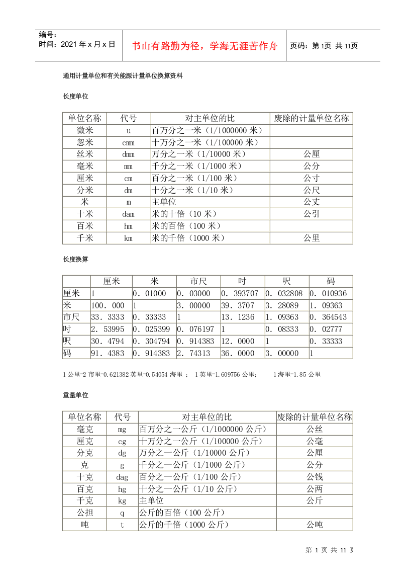 通用计量单位和有关能源计量单位换算资料