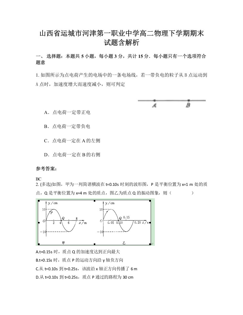 山西省运城市河津第一职业中学高二物理下学期期末试题含解析