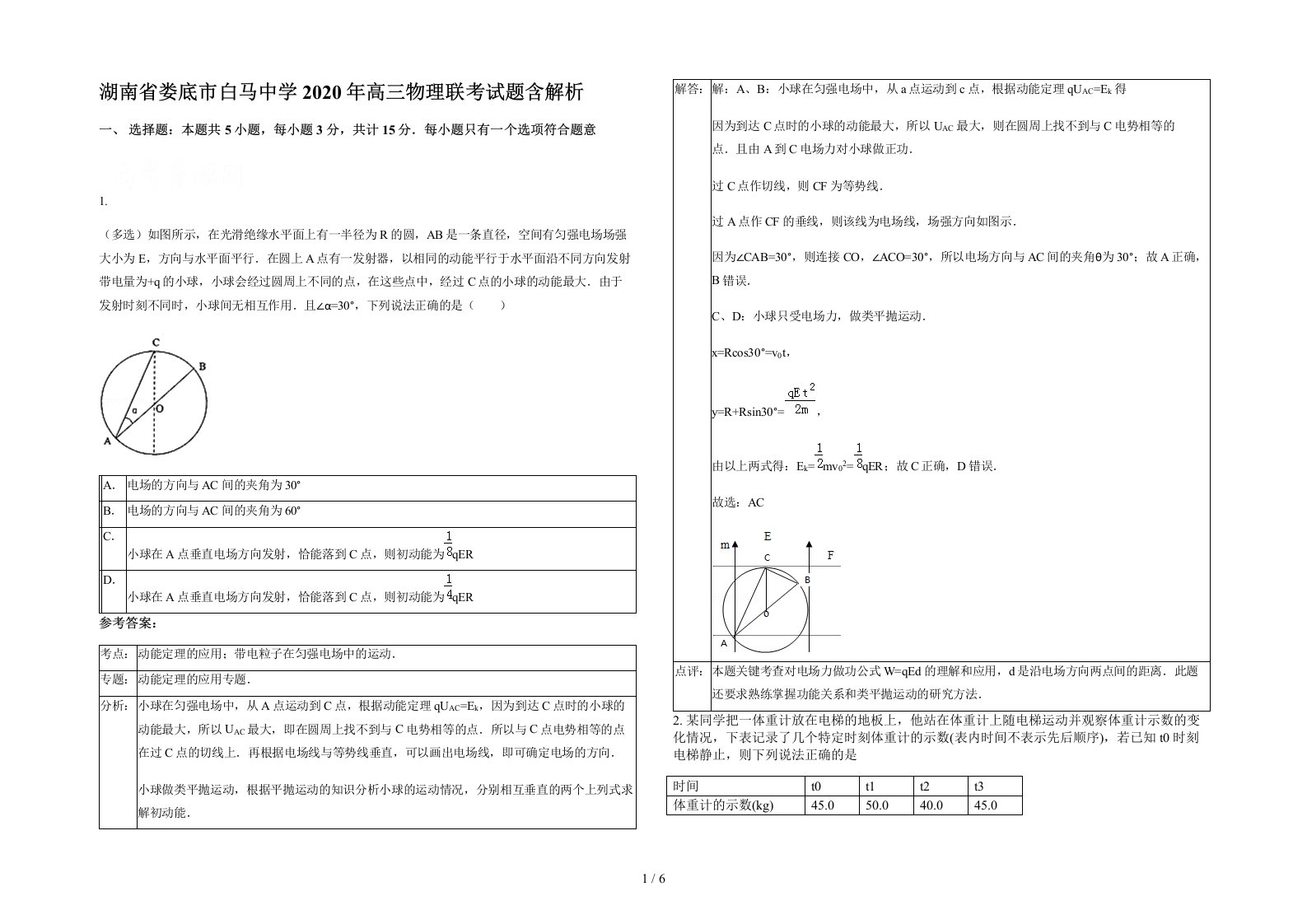 湖南省娄底市白马中学2020年高三物理联考试题含解析