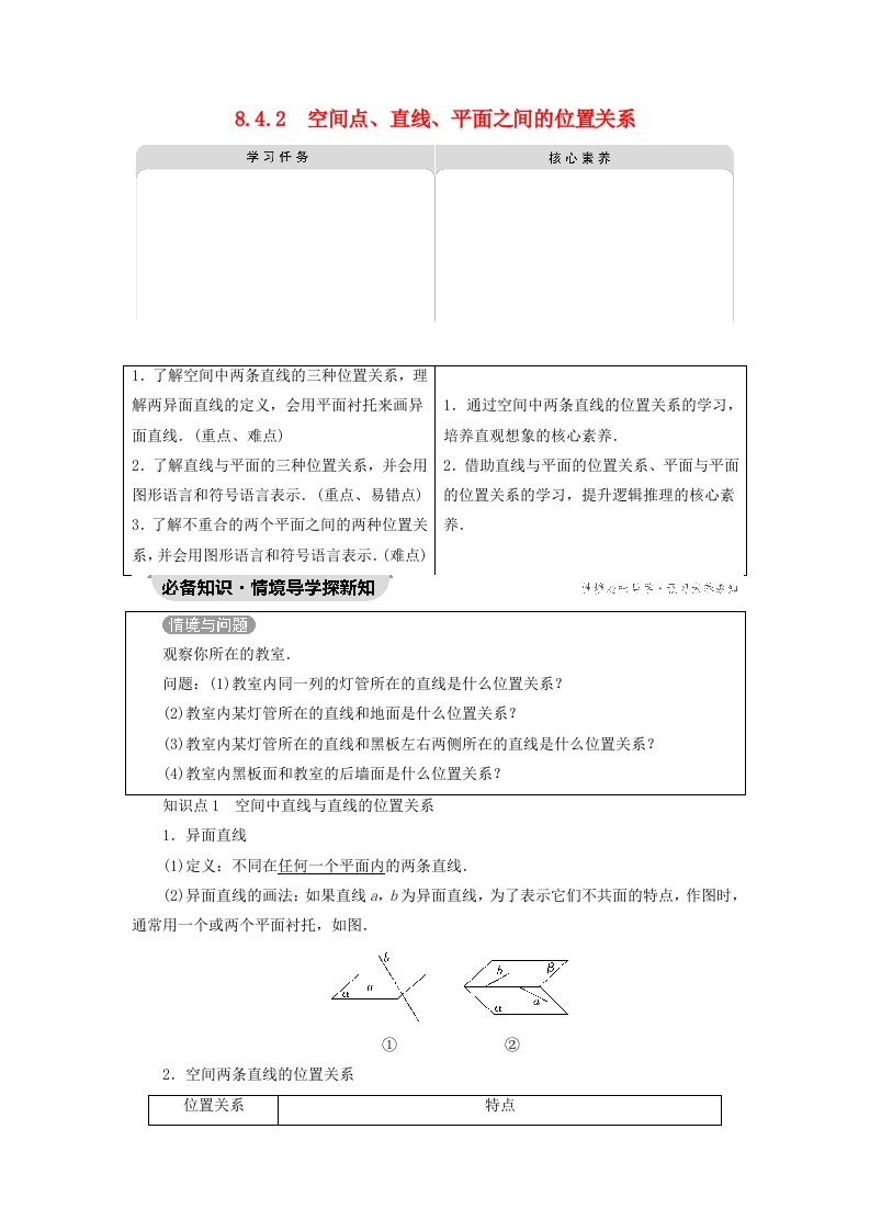 2023新教材高中数学第8章立体几何初步8.4空间点直线平面之间的位置关系8.4.2空间点直线平面之间的位置关系教师用书新人教A版必修第二册