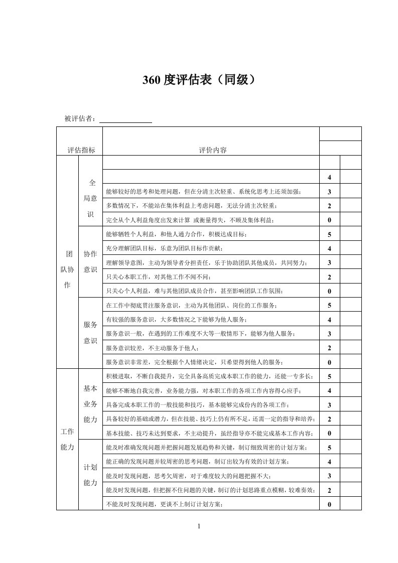 360度绩效评估表对同级