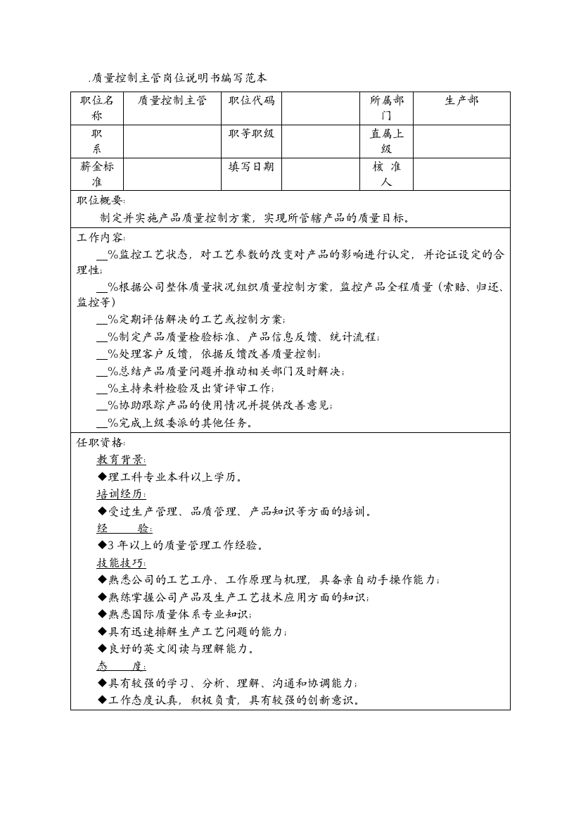 质量控制主管岗位说明书编写范本