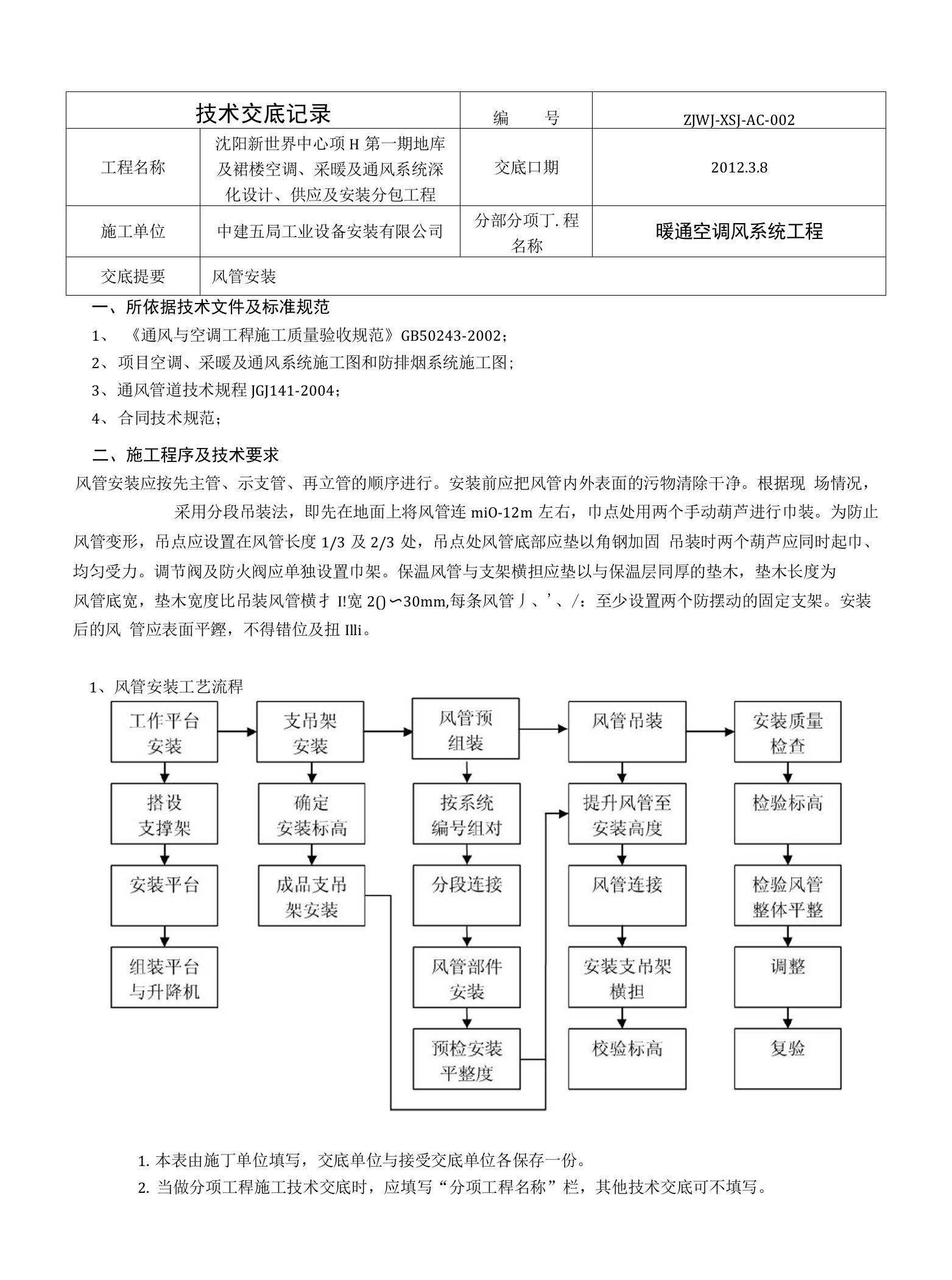 风管安装技术交底