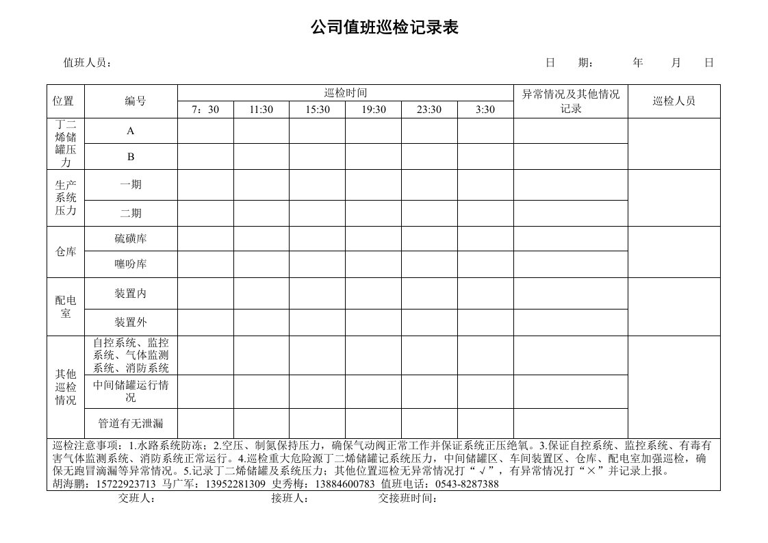 公司值班巡检记录表