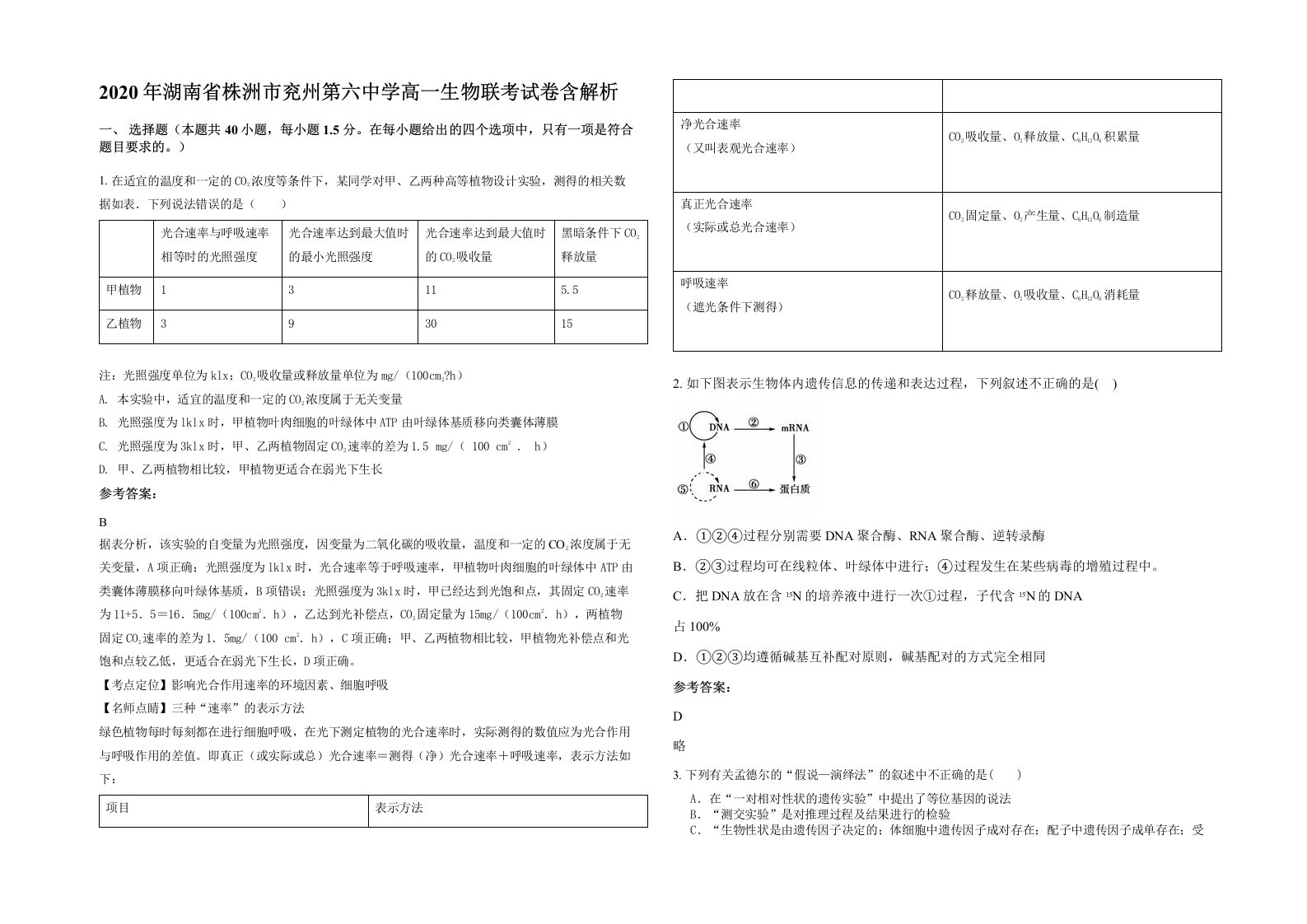 2020年湖南省株洲市兖州第六中学高一生物联考试卷含解析