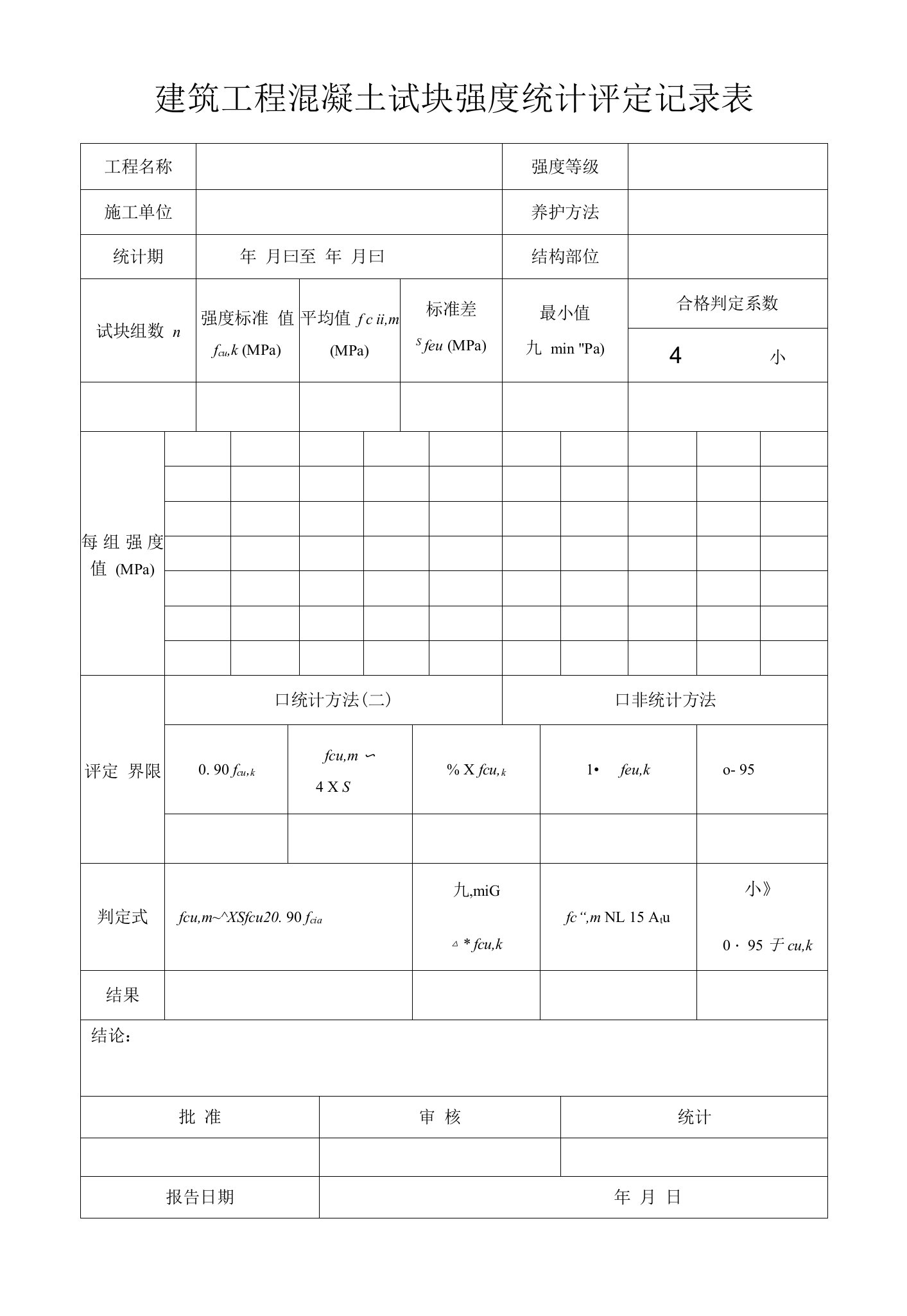 建筑工程混凝土试块强度统计评定记录表