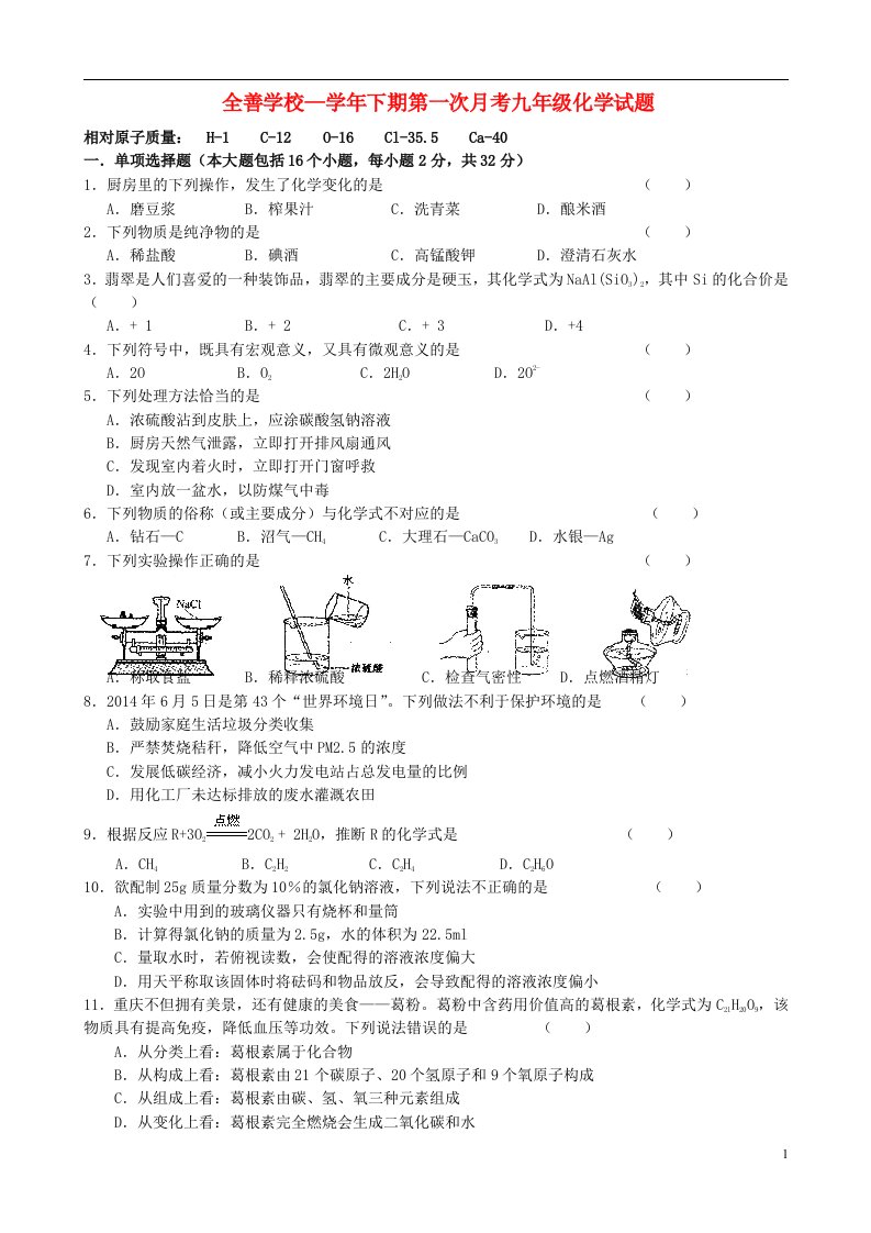 重庆市全善学校九级化学下学期第一次月考试题