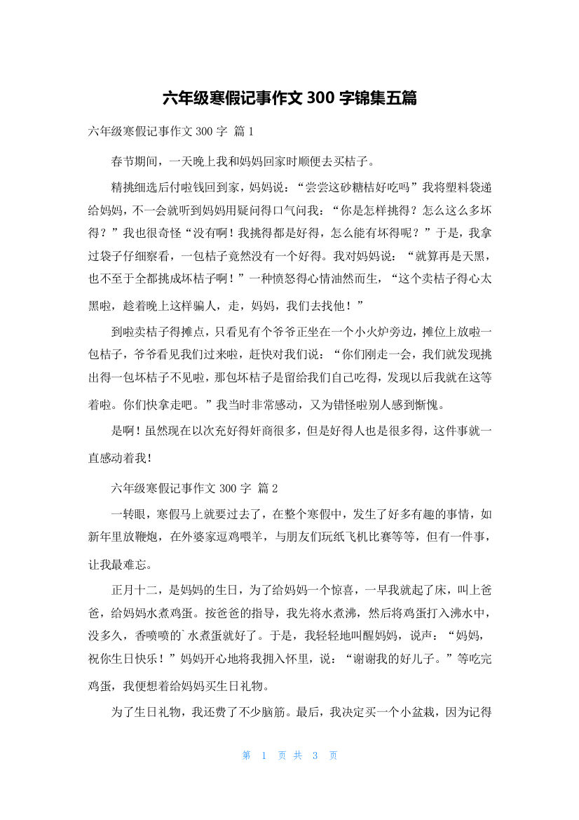 六年级寒假记事作文300字锦集五篇