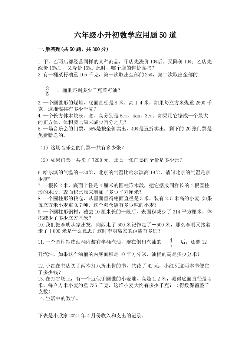 六年级小升初数学应用题50道精品(网校专用)