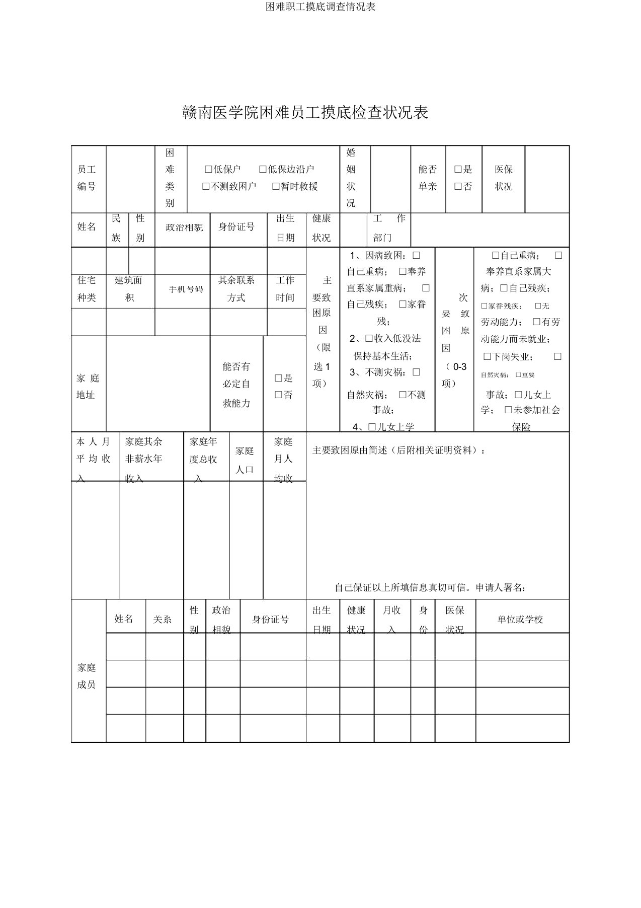 困难职工摸底调查情况表