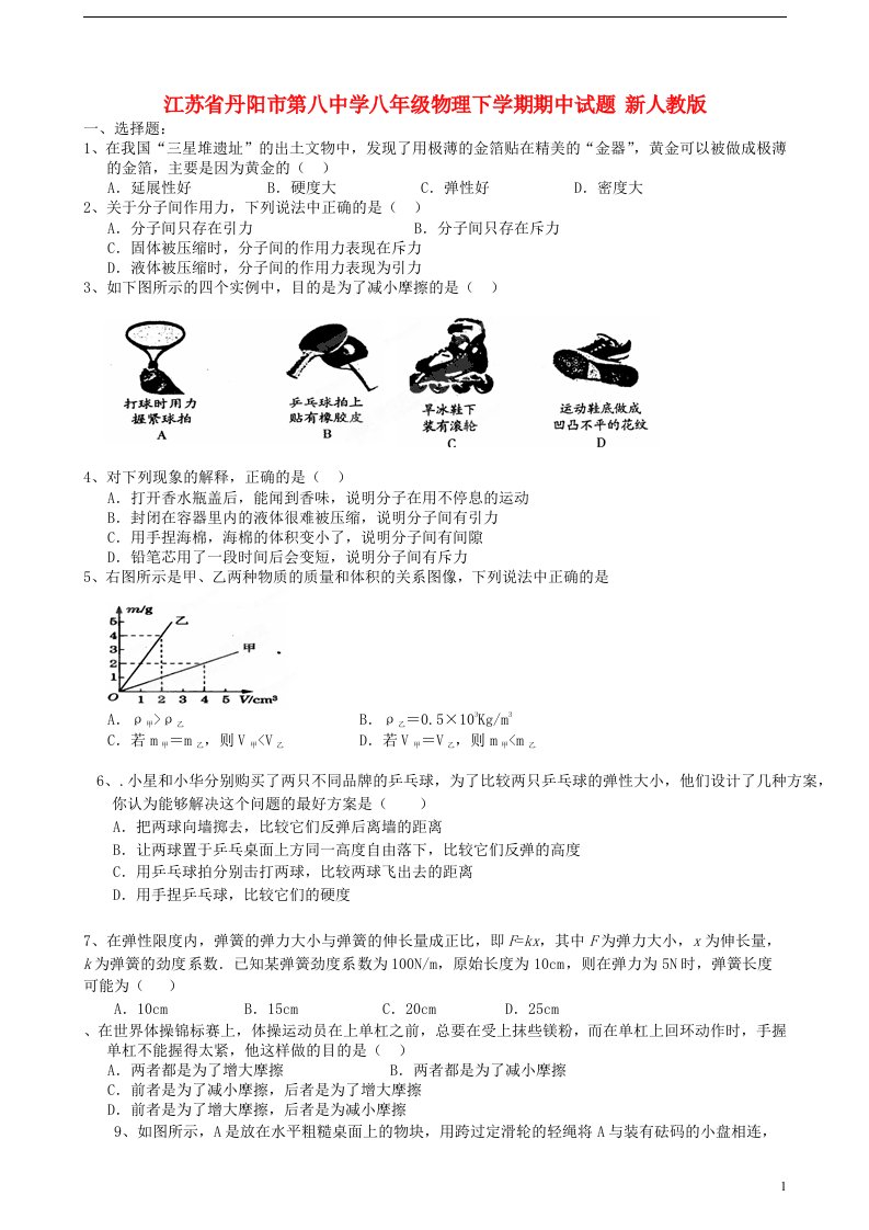 江苏省丹阳市第八中学八级物理下学期期中试题