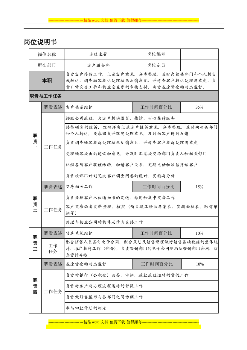 客服部客服主管岗位说明书