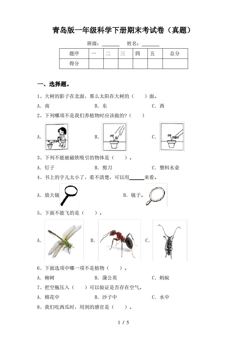 青岛版一年级科学下册期末考试卷(真题)