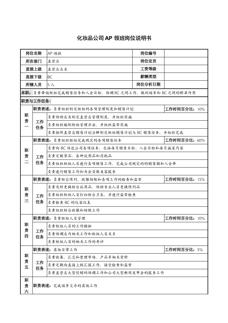 岗位职责-化妆品公司ap领班岗位说明书