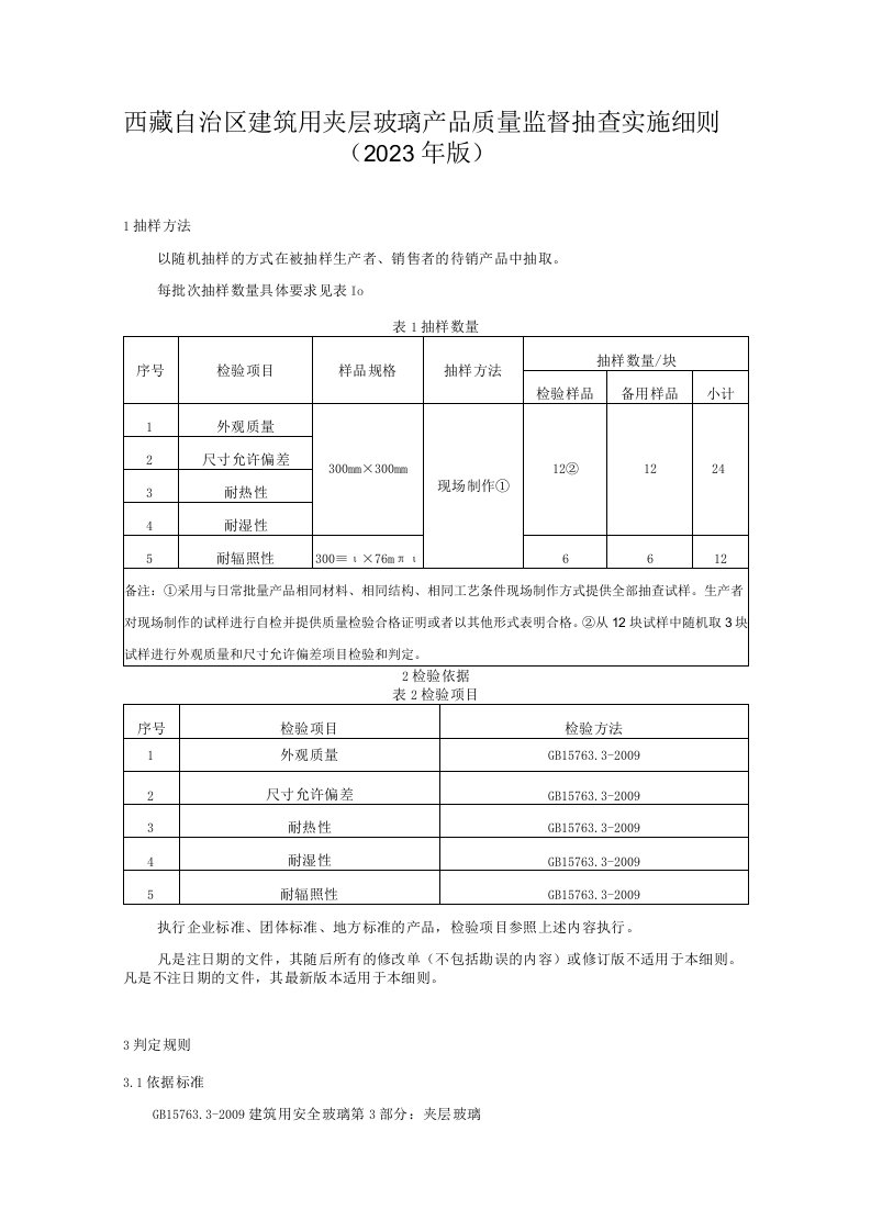 西藏自治区建筑用夹层玻璃产品质量监督抽查实施细则（2023年版）