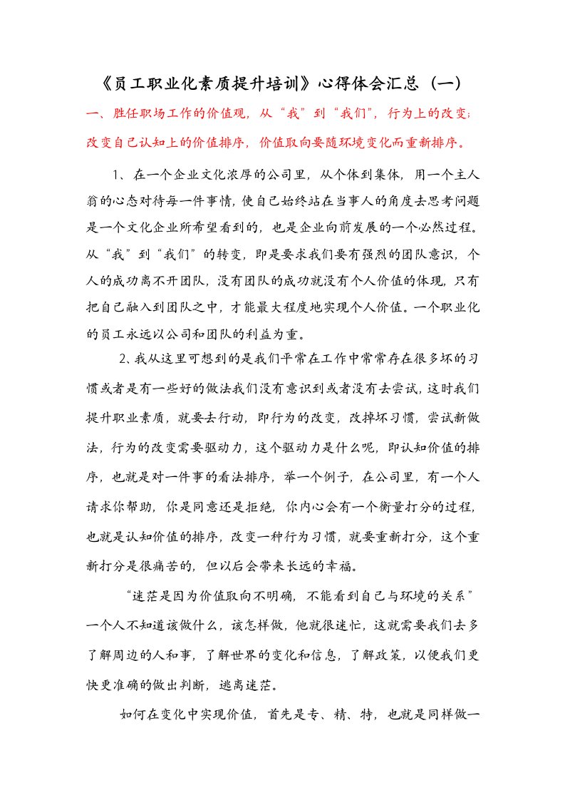 员工职业化素质提升培训心得体会汇总(一)