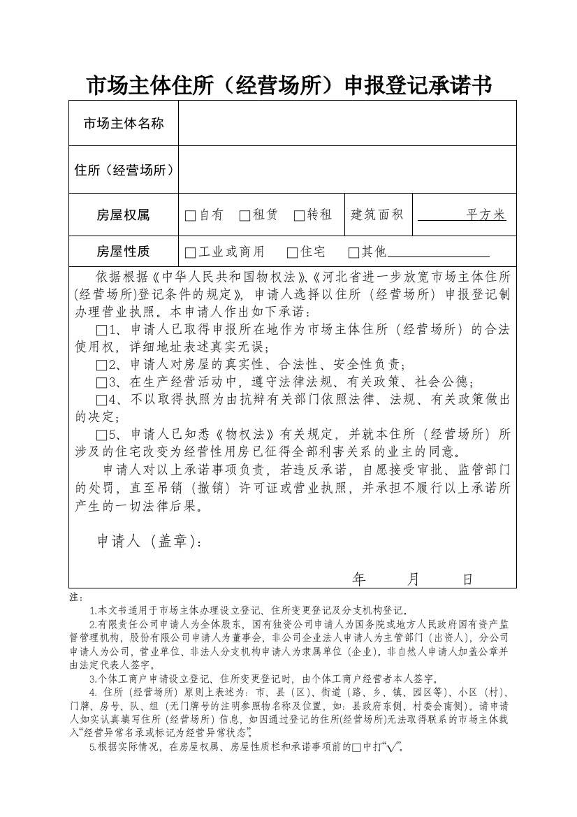 市场主体住所(经营场所)申报登记承诺书