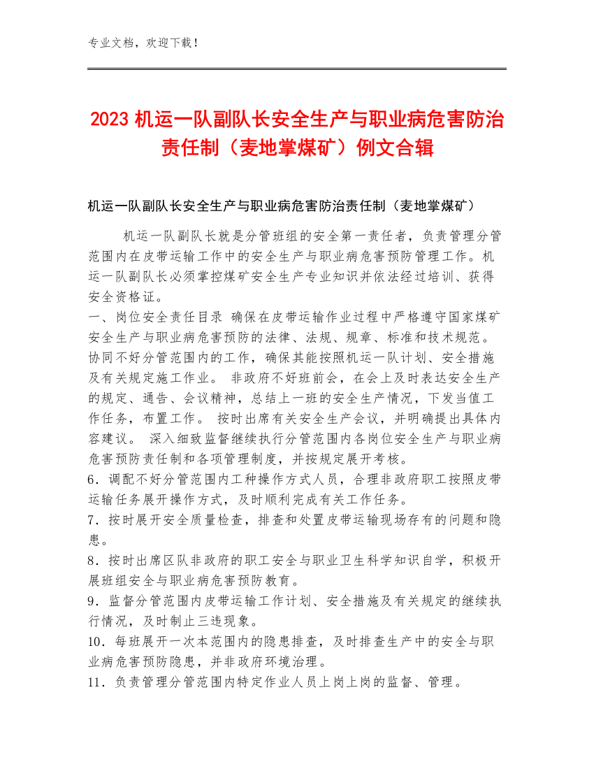 2023机运一队副队长安全生产与职业病危害防治责任制（麦地掌煤矿）例文合辑