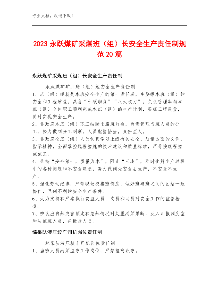 2023永跃煤矿采煤班（组）长安全生产责任制规范20篇