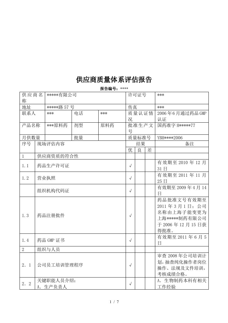 供应商质量体系评估报告书汇编