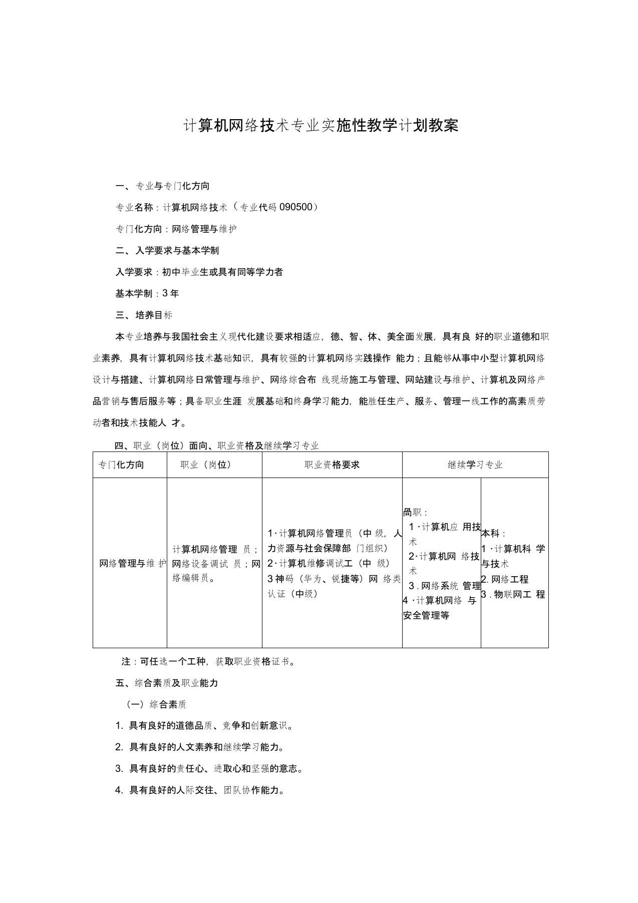 计算机网络技术专业实施性教学计划教案1