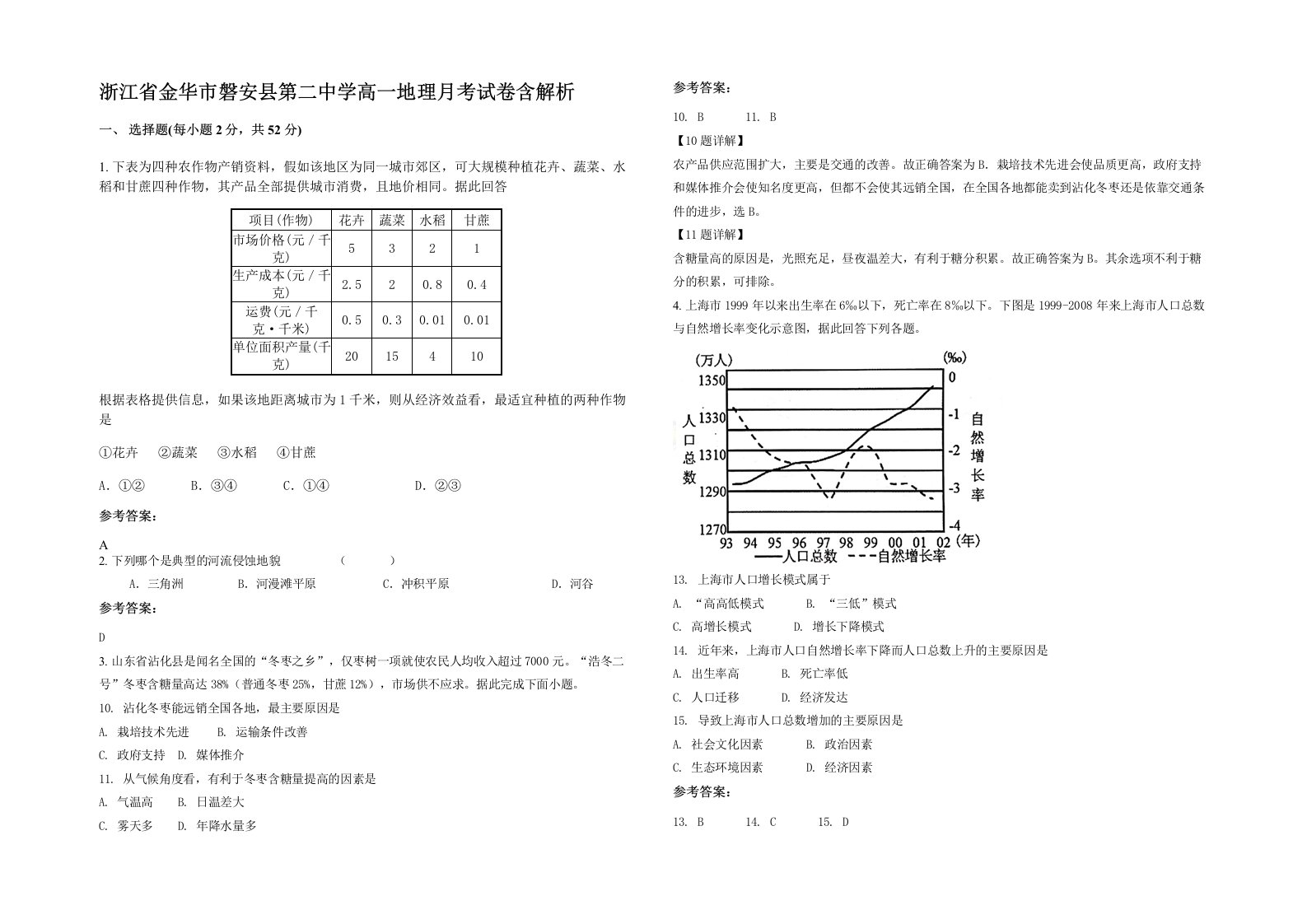 浙江省金华市磐安县第二中学高一地理月考试卷含解析