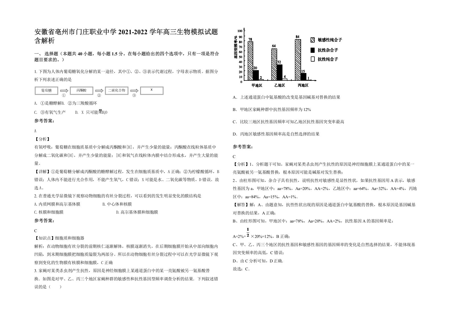 安徽省亳州市门庄职业中学2021-2022学年高三生物模拟试题含解析