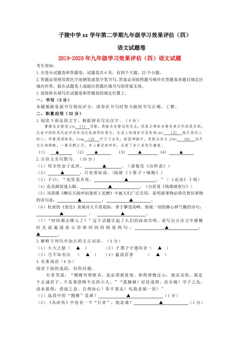 2019-2020年九年级学习效果评估（四）语文试题