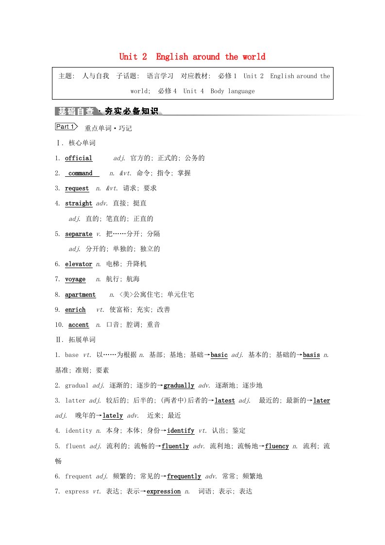 浙江专用2022版高考英语一轮复习必修1Unit2Englisharoundtheworld学案含解析新人教版