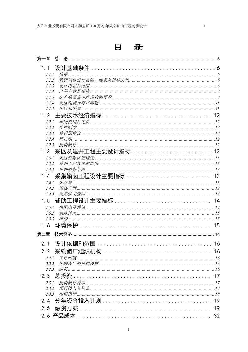 太和盐矿120万吨年采卤矿山工程初步设计及可行性计划书