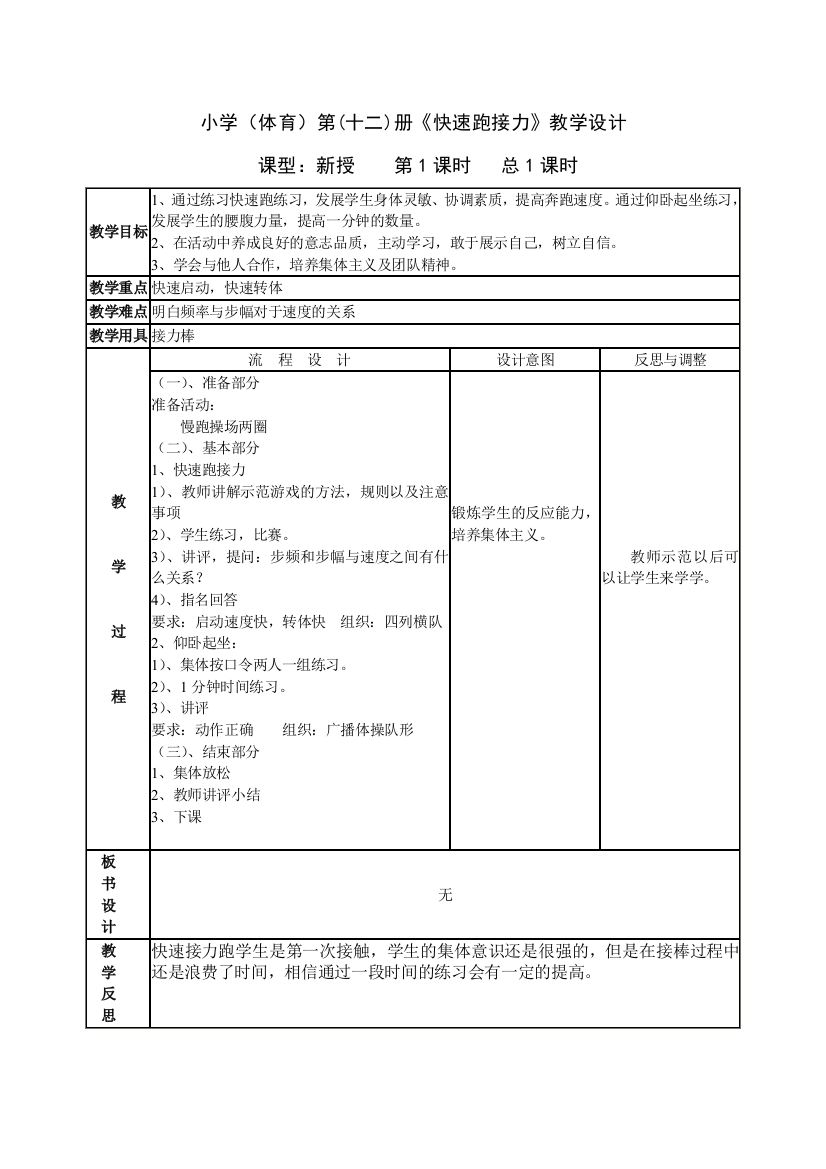 小学六年级体育快速跑接力教案